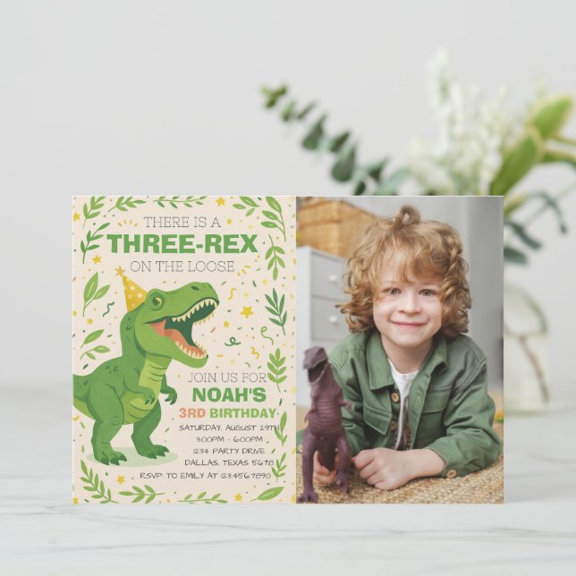 Boy Three-Rex Dinosaur Birthday Photo Invitation (Standing Front)
