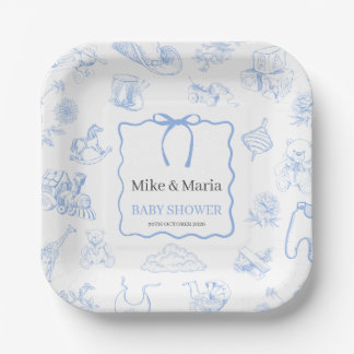 Boy Toile De Jouy Blue Baby Shower Paper Plate