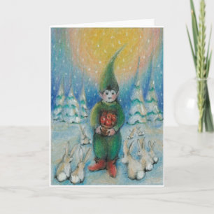 Boy tomte feeds  snow bunnies with his Xmas Apples Holiday Card