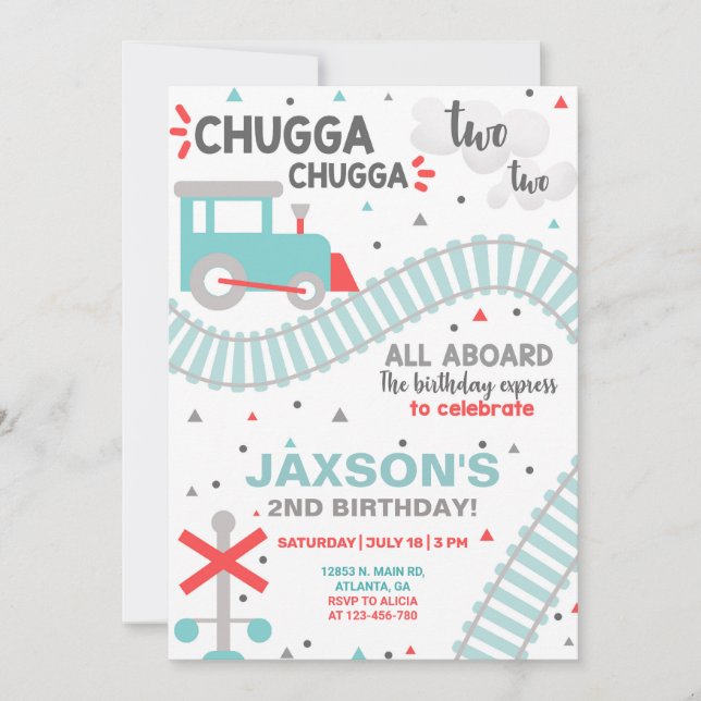Boy train 2nd second birthday invitation. invitati invitation (Front)
