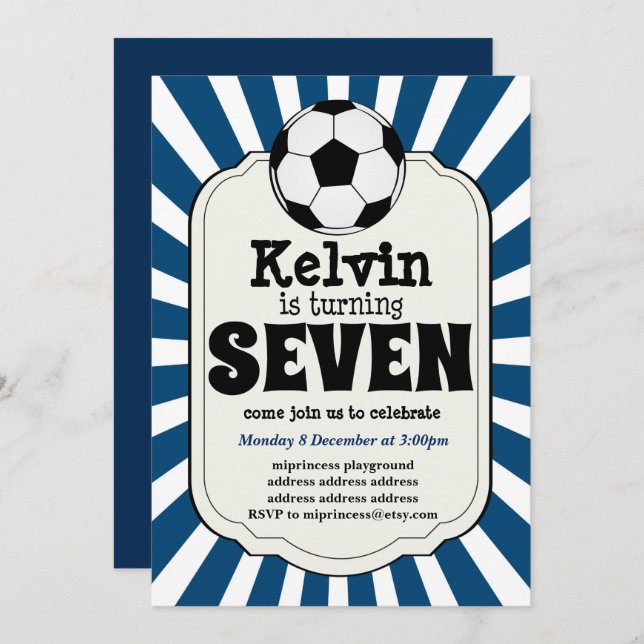 boy turning SEVEN Soccer Ball  Invitation (Front/Back)