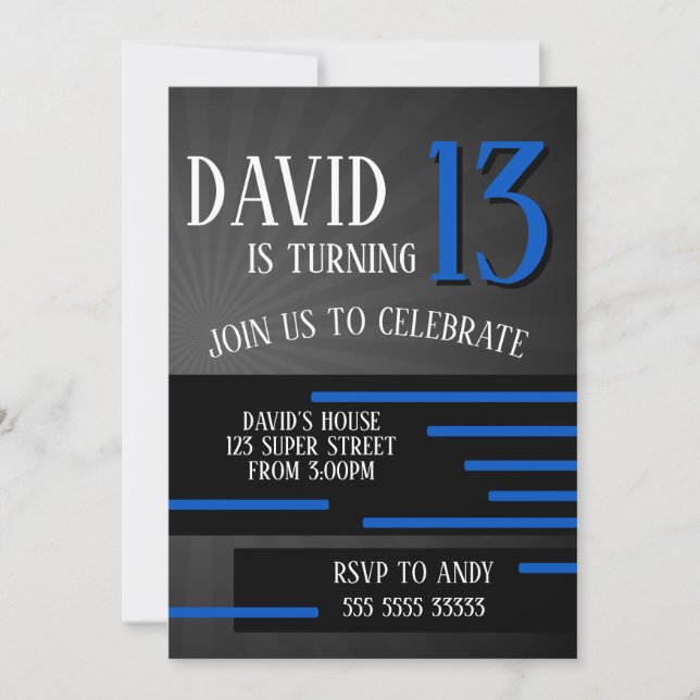 Boy Tween Teen Birthday Modern Simple Blue Invitation (Front)