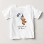 Boy Twin (Left) - Bear Party Hat - 1st Birthday Baby T-Shirt<br><div class="desc">This design features a sweet watercolour bears with a party hat and holding 3 blue balloons - ideal for your twin boys' Bear-y First Birthday outfit! This design features the balloons to the left and you could have your first twin wearing it. You can change the colour of each balloon...</div>