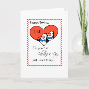 Boy Twins, 1st Valentine's Day Cute Penguin Holiday Card