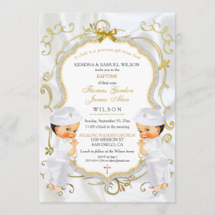 Boy Twins Baptism Christening Gold White Cross Inv Invitation