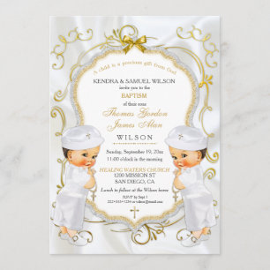 Boy Twins Baptism Christening Gold White Cross Invitation