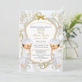 Boy Twins Baptism Christening Gold White Cross Invitation (Standing Front)
