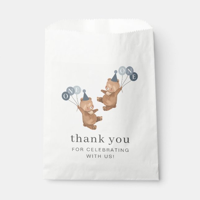 Boy Twins - Bears Party Hats - 1st Birthday Favour Bag (Front)