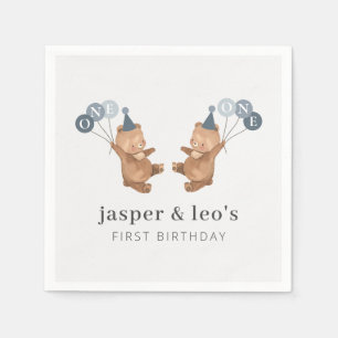 Boy Twins - Bears Party Hats - 1st Birthday Napkin