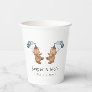 Boy Twins - Bears Party Hats - 1st Birthday Paper Cups