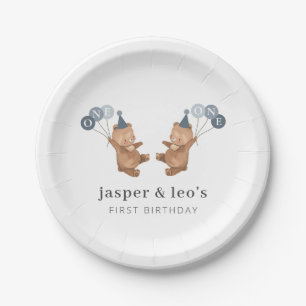 Boy Twins - Bears Party Hats - 1st Birthday Paper Plate