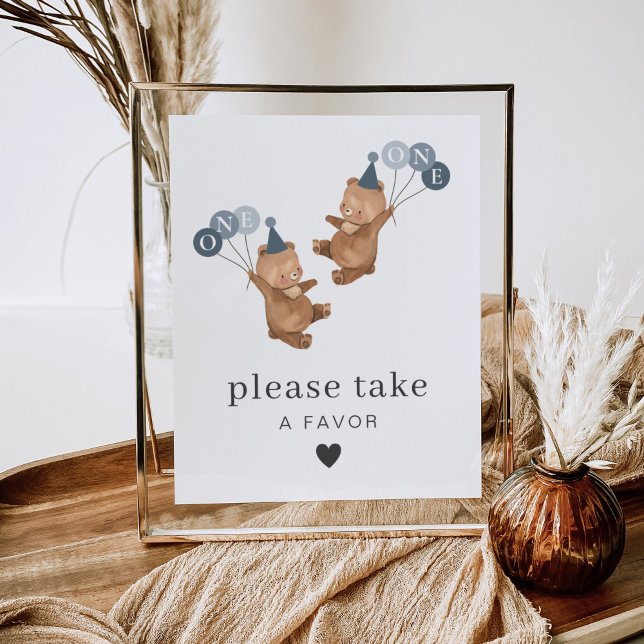 Boy Twins - Bears Party Hats - Birthday Favour Sig Poster (Boy Twins - Bears Party Hats - Please Take A Favor Sign)