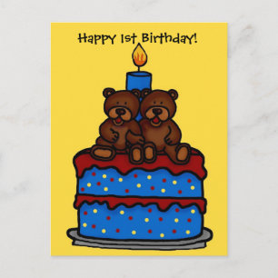 boy twins on 1st birthday cake postcard