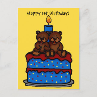 boy twins on 1st birthday cake postcard