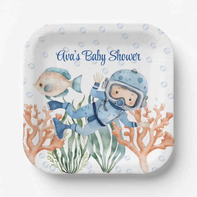 Boy Under The Sea Baby Shower Paper Plate (Front)