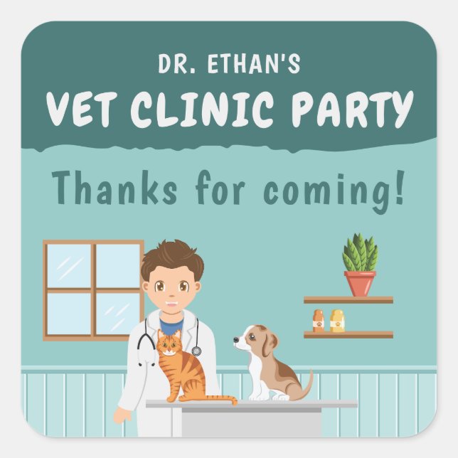 Boy Veterinarian Pet Hospital Birthday Thank You Square Sticker (Front)