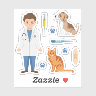 Boy Veterinarian With Puppy Cat And Vet Things