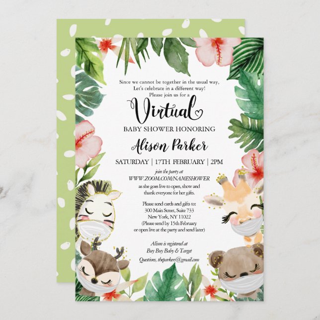 Boy Virtual Baby Shower | Masked Safari Friends Invitation (Front/Back)