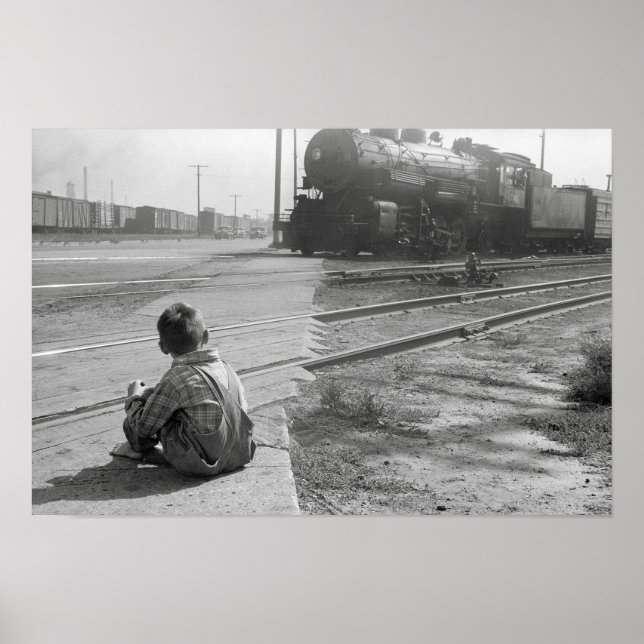 Boy Watching Trains, 1939. Vintage Photo Poster (Front)