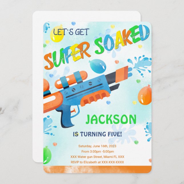 Boy Water Gun Birthday Invitations  (Front/Back)