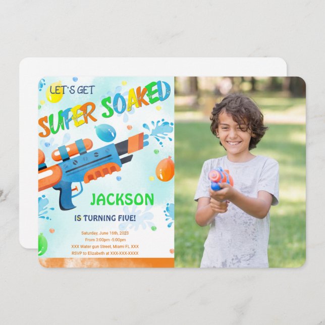 Boy Water Gun Birthday Photo Invitation (Front/Back)