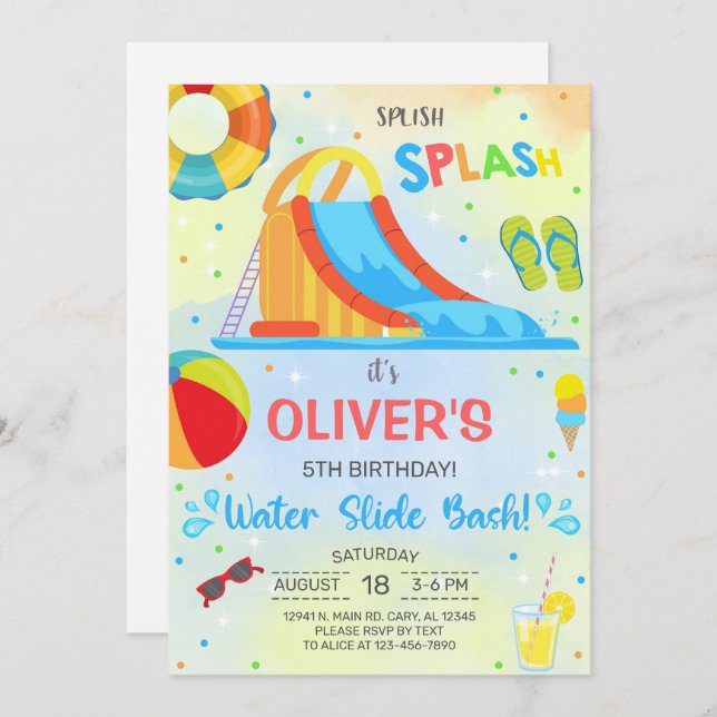 Boy water slide summer birthday invitation invite. (Front/Back)