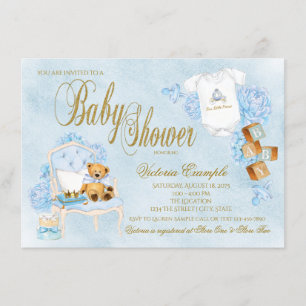 Boy Watercolor Baby Blue Gold Baby Shower Invitation