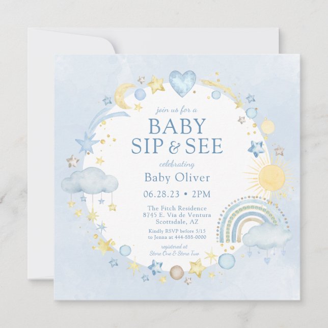 Boy Watercolor Rainbow Sip And See Invitation (Front)