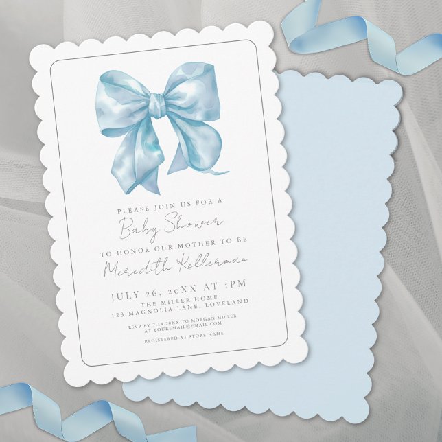 Boy Watercolor Ribbon Blue Bow Baby Shower Invitation (Boy Watercolor Ribbon Blue Bow Baby Shower Invitation)