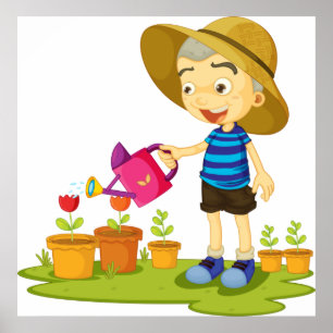 Boy Watering Plants Poster