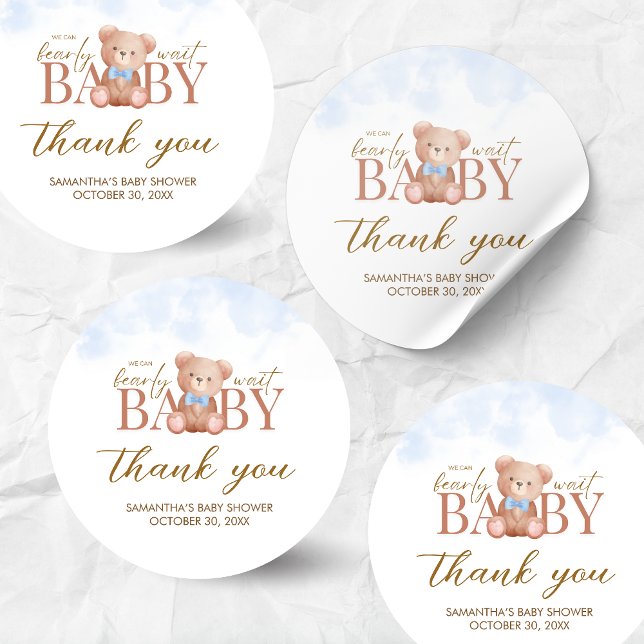 Boy We Can Bearly Wait Baby Shower Classic Round Sticker (Blue We Can Bearly Wait Bear Baby Shower Sticker)