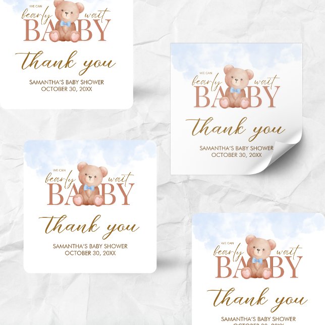 Boy We Can Bearly Wait Baby Shower Square Sticker (Blue We Can Bearly Wait Bear Baby Shower Sticker)