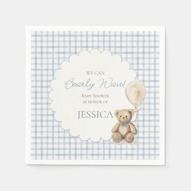 Boy We Can Bearly Wait Teddy Bear Baby Shower Napkin (Front)