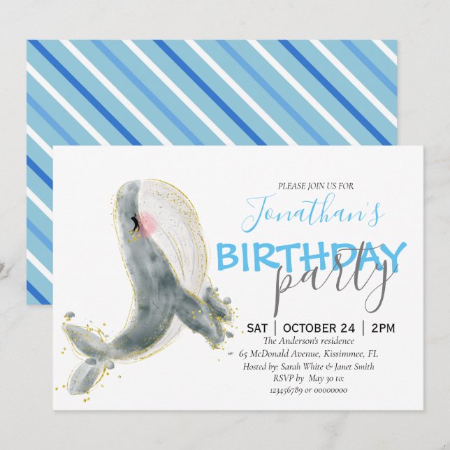 Boy Whale Birthday Invitation (Front/Back)
