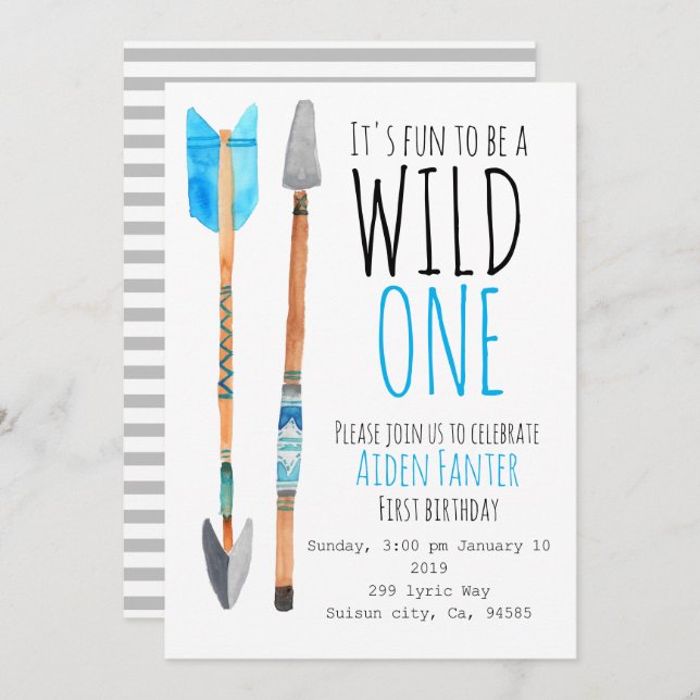 Boy wild one tribal arrow first birthday invite (Front/Back)
