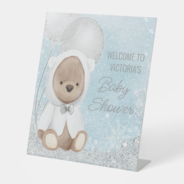 Boy Winter Bear Baby Shower Welcome Table Sign (Front)
