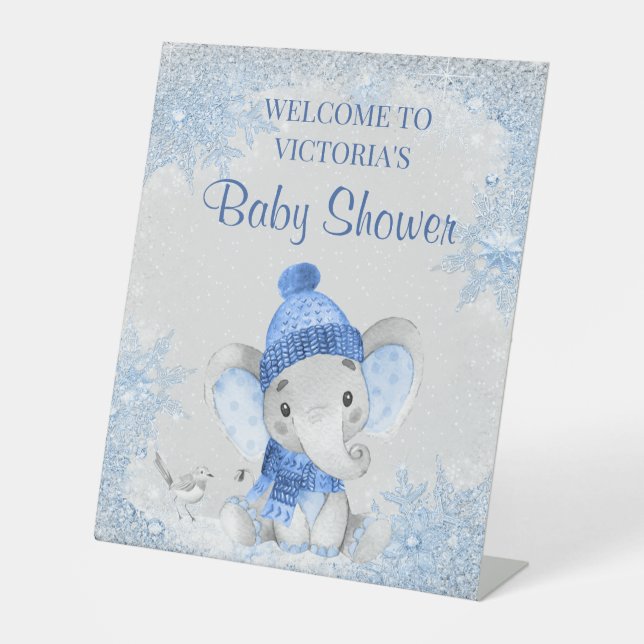 Boy Winter Elephant Baby Shower Welcome Sign (Front)