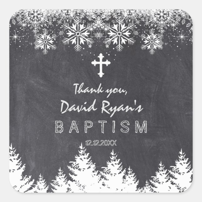 Boy Winter Holiday Snowflakes Chalkboard Baptism Square Sticker (Front)