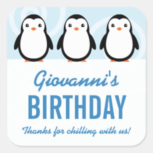 Boy Winter Penguin Birthday Party Favour Square Sticker