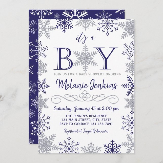 Boy Winter Snowflake Baby Shower Invitation (Front/Back)