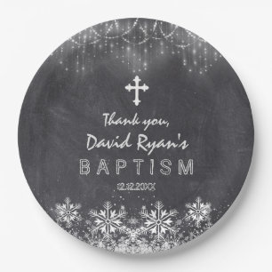 Boy Winter String Lights Snowflakes Chalk Baptism Paper Plate