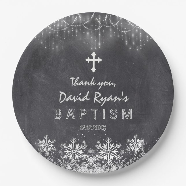 Boy Winter String Lights Snowflakes Chalk Baptism Paper Plate (Front)