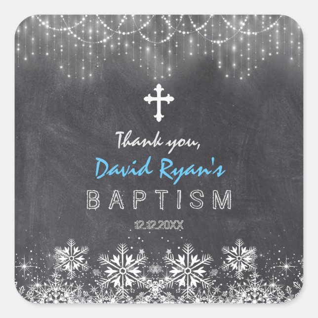 Boy Winter String Lights Snowflakes Chalk Baptism Square Sticker (Front)