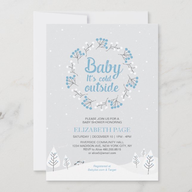 Boy Winter Wonderland Baby Shower, Blue & Grey Invitation (Front)