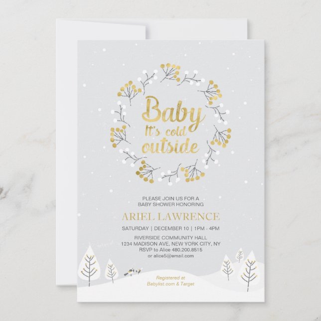Boy Winter Wonderland Baby Shower, Gold Invitation (Front)