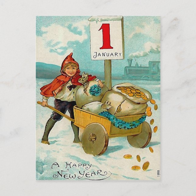 Boy with a Cart -New Year Greeting Postcard (Front)