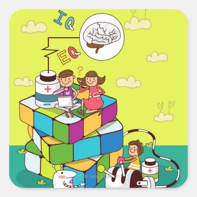 Boy with a girl sitting on a Rubik's cube puzzle Square Sticker (Front)