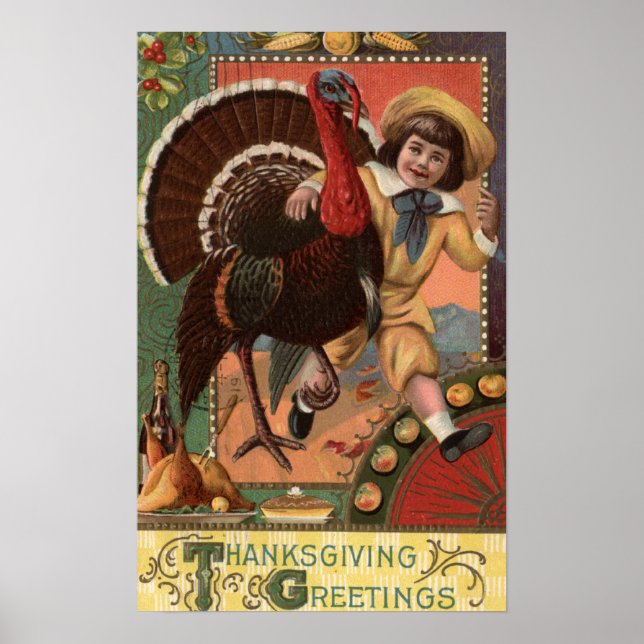 Boy with Arm around a Turkey Poster (Front)