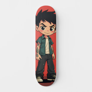 Boy with cartoon-style tattoos skateboard