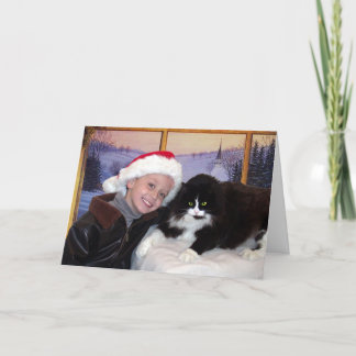 Boy with cat at Christmas Holiday Card